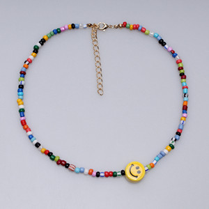 Collar con cuentas de cara sonriente, colgante de cerámica colorido, cadena corta para mujer, accesorio de joyería de moda - Product Image 3