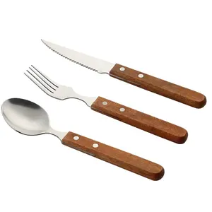 silverware flatware dinner spoon and fork knife 304 stainless steel cutlery set with wooden handle