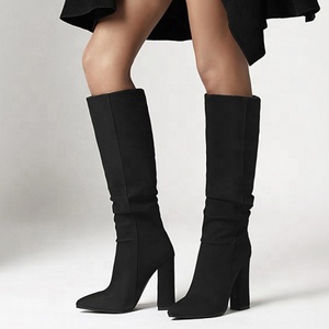 Big Size 43 Solid Knee High Pointed Toe Chunky High Heel Women <b>Boots</b> Soft Suede Upper Slip-on Long Booties for Ladies - Product Image 3