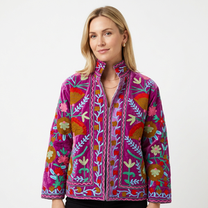 Veste tissée artisanale A2ZCraft en velours d'été avec broderie Suzani, col rond, boutons recouverts, respirante, pour l'automne et l'hiver, 100% coton - Product Image 1