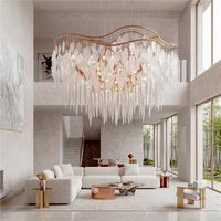 Lustre moderne de luxe suspendu au plafond, grande branche en laiton, verre, cristal, plumes, gouttes d'eau, pour la décoration de la maison, hôtel, villa