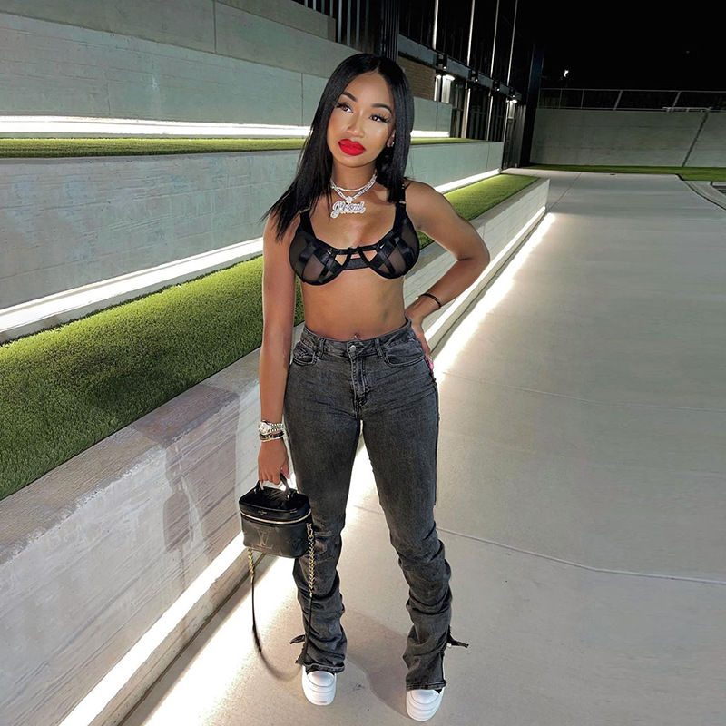 YIWU QIUDUN, Осенние новые женские серые повседневные джинсы с запахом, плиссированные джинсы с разрезом на подоле