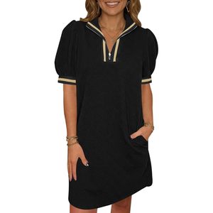 Robe pull décontractée d'été pour femme à manches bouffantes, col en V zippé, coupe ample texturée en maille - Product Image 1