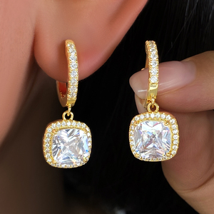 Modernos Pendientes de Aro Chapados en Oro con Colgante de Cristal Corte Cojín para Mujer, Joyería para Fiestas - Product Image 1