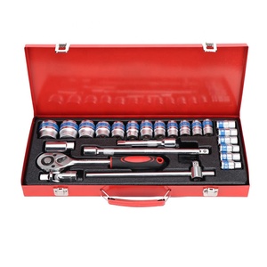 Solide Set Perkakas Reparasi Otomatis, Kit Peralatan Tangan Kotak Logam Soket Perbaikan Otomatis Garis Biru, Kunci Roda-gigi-searah 24 Buah - Product Image 1