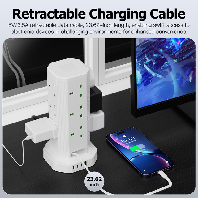 UK 12 Outlets Retractable Cord Type C Outlet USB Flame Retardant PC  Vertical Tower Power Strip Embedded Socket on the Desktop