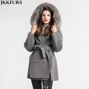 Fashion Cashmere Fur <strong>Coat</strong> Winter Women Real <strong>Wool</strong> Fox Fur Collar <strong>Coat</strong> <strong>With</strong> <strong>Hood</strong> - Product Image 3