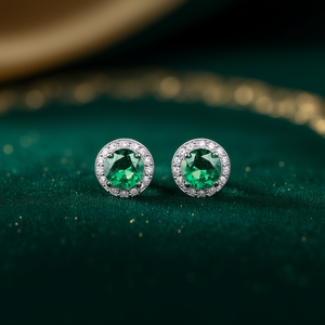 Boucles d'oreilles classiques pour femmes en argent 925 avec cristal naturel vert rond serti clos, bijoux à porter au quotidien - Product Image 2