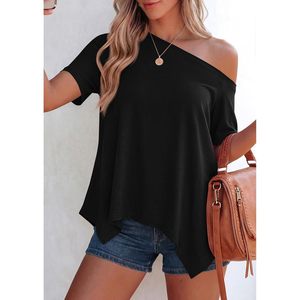 Haut d'été asymétrique à épaules dénudées pour femme, tunique ample à manches courtes, chemisier décontracté en polyester tricoté respirant - Product Image 2