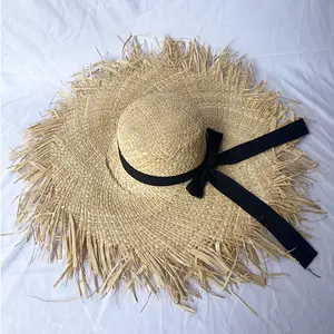 ZG grosir topi rajut tangan murni topi jerami Boho rumbai rafia topi liburan pantai musim panas