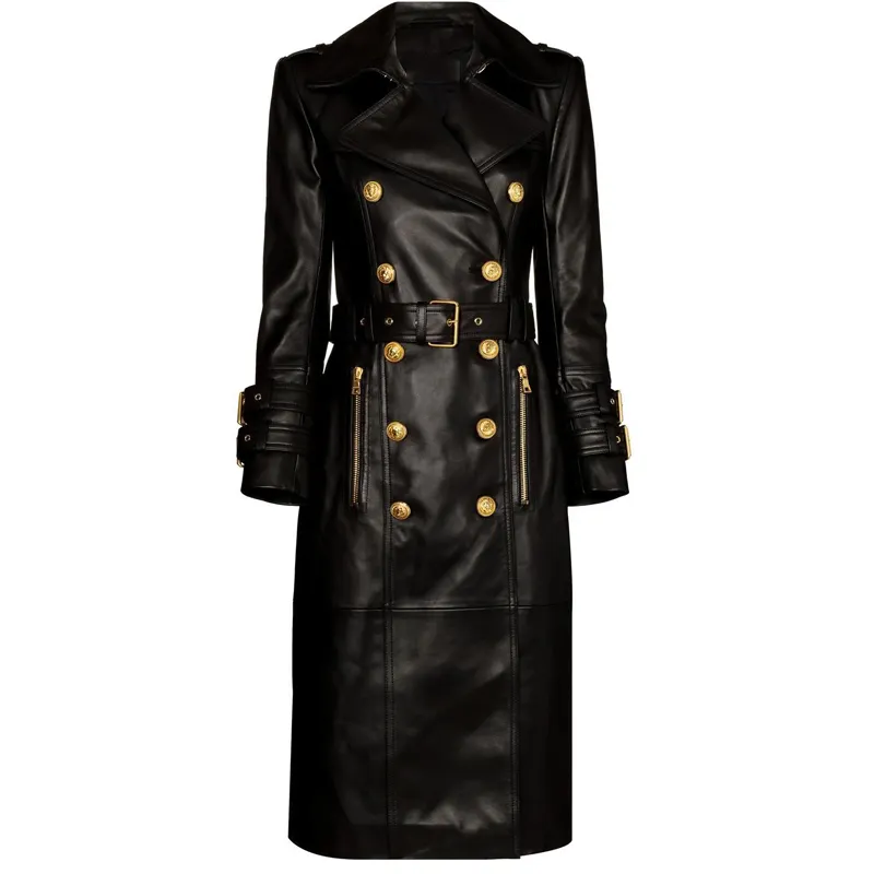 Nouveau hiver luxe Design Double boutonnage noir PU cuir longs manteaux pour dames qualité rue femmes Trench avec ceinture