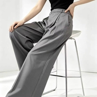 Pantalon gris taille haute à double pli, coupe large, fluide, longueur complète, droit, pour femme, style décontracté ou professionnel