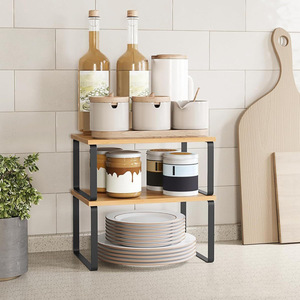 <b>Kitchen</b> <b>Storage</b> <b>Rack</b> 2 Tier Bamboo Wood Color Multifunctional Standing Organizer For Kitchenware Food Books Sundries - Product Image 1