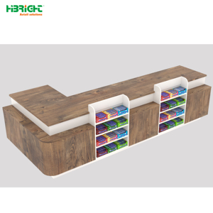 Mostrador de Caja en Forma de L con Acabado de Madera para Supermercados, con Espacio Lateral para Exhibición de Snacks, Solución para Tiendas Minoristas - Product Image 1