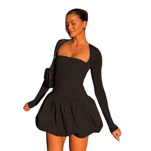 Elegant Stretchy Eco-Friendly Breathable Plain Dyed Blossom Dress Square Neck Solid Color Slim Fit Long <b>Sleeve</b> A-Line Silhouette - Product Image 1