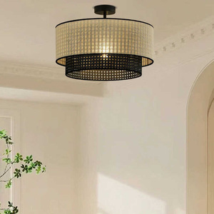 Japanese Wabi Sabi Style Raffia Pendant <b>Light</b> Round Black E27 Chandelier For <b>Dining</b> Living Bedroom Study - Product Image 3