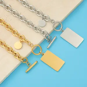 Fashion Teen Geometric Vintage Engraved Rectangle Toggle Clasp Necklaces Metal Chunky Chain Necklace For Women