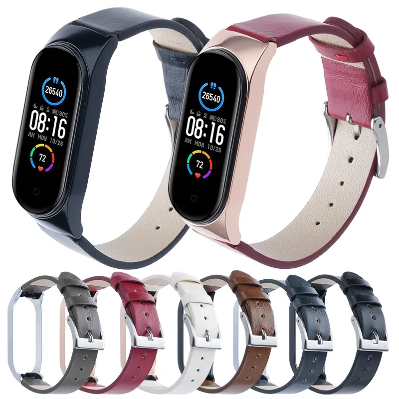 Factory Hot sale Metal case PU Leather Mi Band 4 5 6 7 Watch Band strap Accessories for xiaomi Wristband