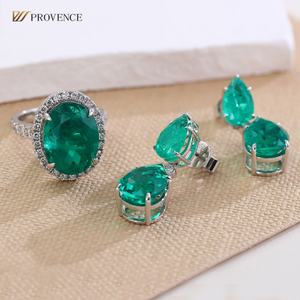 Bague en or blanc 18K 14K 10K avec pierre précieuse de couleur émeraude, coupe ovale, certifiée GRC, moissanite, ensemble bague et boucles d'oreilles pour mère - Product Image 2