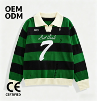 Pull en tricot polo 100% coton avec logo brodé personnalisé, manches longues, style streetwear, design délavé, pull en tricot décontracté pour homme