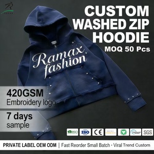 Custom High Quality 420g Cotton Heavy Vintage Distressed Zipper Cropped Rhinestone Printed Embroidery Y2k Streetwear Zip Hoodies - Product Image 1