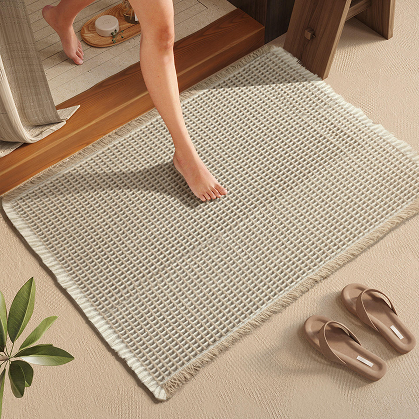 Patrón de cuadros con borlas - marrón y blanco