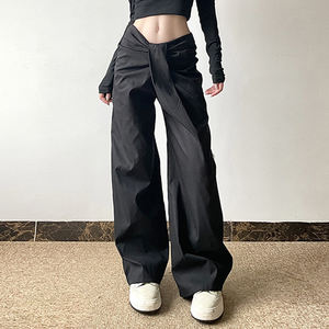 European American <b>Women</b> Wide Leg Pants Asymmetrical Cross Waist Design <b>Loose</b> Fit Draped Slimming Casual <b>Trousers</b> - Product Image 5