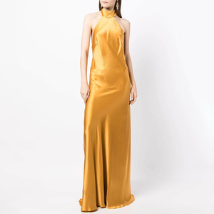 Custom Women Solid Color Fashion Sleeveless Sexy Backless Light Blue Halter 100% Mulberry <strong>Silk</strong> Off-shoulder Long <strong>Wrap</strong> <strong>Dresses</strong> - Product Image 5