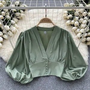 Camisas elegantes francesas para mujer, blusa <span class=keywords><strong>con</strong></span> pliegues de manga larga <span class=keywords><strong>con</strong></span> cuello en abullonada V, <span class=keywords><strong>blusas</strong></span> versátiles de verano para mujer - Product Image 6