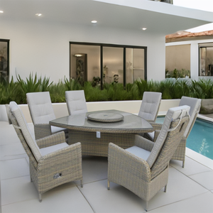 6-delige Outdoor Rotan Dinerset Met Verstelbare Ligstoelen Met Hoge Rugleuning En Unieke Glazen Tafel, Aangepaste Stijlen - Product Image 1