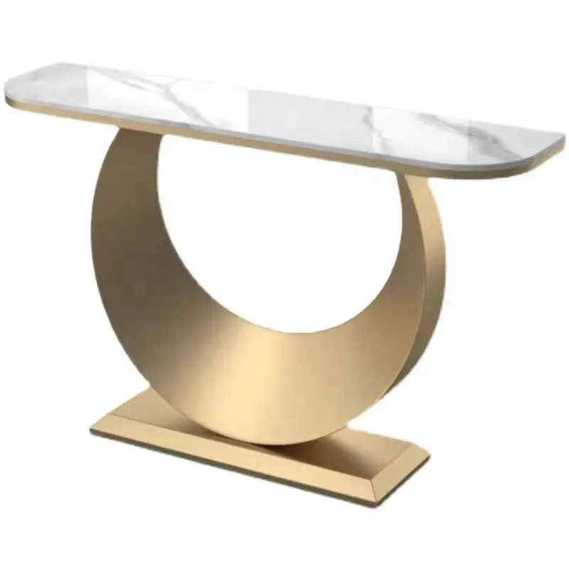 Mesa de luxo simples e moderna para varanda, mesa de entrada nórdica para sala de estar, mesa de console com final semi-circular criativa dourada