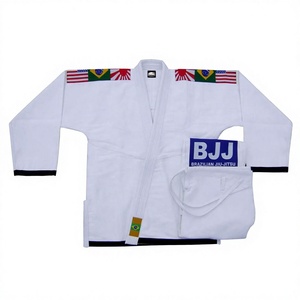 Kimono Blanco de BJJ con Parches de Bandera y Logotipo Azul de BJJ para Adultos, Unisex, Ropa de Artes Marciales de Algodón - Product Image 4