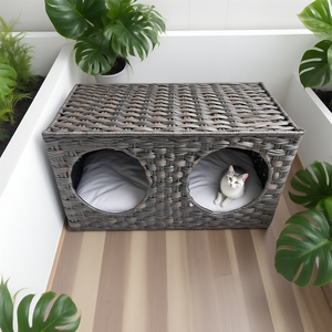 Custom Geweven Kattenhuis Met Dubbele Compartimenten | 2-Grot Rotan Huisdieropvang Met Verwijderbare Kussens - Product Image 4