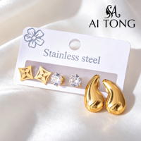 Ensemble de boucles d'oreilles en acier inoxydable plaqué or, motifs variés (nœud, papillon, cœur, trèfle, étoile de mer, zircon), bijoux fantaisie pour femme, vente en gros