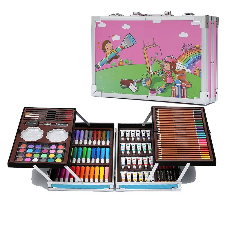 Set di pittura a scatola in alluminio a doppio strato da 145 pezzi penna ad acquerello pastello ad olio setoso Set di scatole regalo per pittura artistica penna per bambini