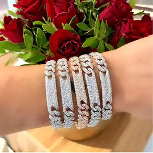 เครื่องประดับโซ่ไมอามี่คิวบา,สำหรับผู้หญิง Micro Pave 5A Cubic Zirconia CZ Bling Out Bar สร้อยข้อมือคิวบา