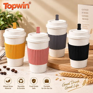 Tasse à café réutilisable en paille de blé, gobelet de voyage portable avec couvercle et manchon antidérapant pour thé au lait, petit-déjeuner, bureau, étudiant, extérieur - Product Image 1