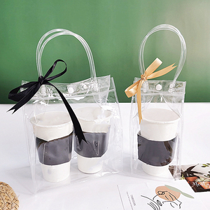 Wholesale pvc gift packaging bag with handle transparent plastic takeaway beverage bags portable