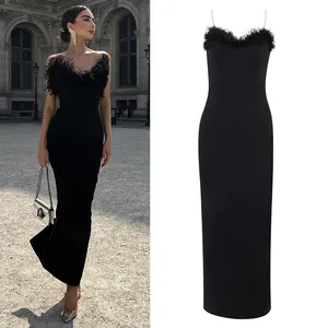 Ladies Celebrity Evening Dress Elegant Strapless Feathers Patchwork Maxi Dress Summer Sexy Party Dress