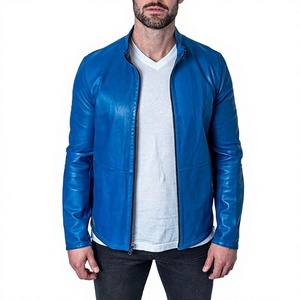 <b>LONG</b> MISSION INDUSTRY Men's Blue <b>Leather</b> <b>Jacket</b> Mandarin Collar Zipper Closure Casual Slim Fit Solid Color Regular Length Winter - Product Image 4