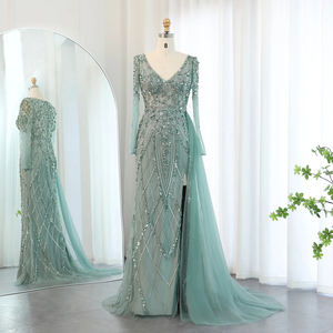 Vestido <span class=keywords><strong>de</strong></span> noche <span class=keywords><strong>de</strong></span> manga larga <span class=keywords><strong>de</strong></span> sirena <span class=keywords><strong>verde</strong></span> <span class=keywords><strong>turquesa</strong></span> con sobrefalda <span class=keywords><strong>de</strong></span> lujo con abertura alta para mujer <span class=keywords><strong>fiesta</strong></span> <span class=keywords><strong>de</strong></span> boda Sz181-1 - Product Image 1