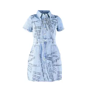 Baju Jins Wanita Lengan Pendek, Baju Denim Wanita, Baju Denim Lengan Pendek, Motif Huruf, Biru Muda, Bermerek