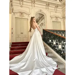 Supplier Wholesale Satin Strapless High Slit Roupa Vestido Largo De Mujer Wedding Gown Mikado Haute Couture Tailed Bridal Dress