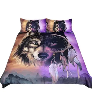 3D-stijl Paarse Wolf Print Microfiber Stof Beddengoed Set Gordijn Beddengoed Set