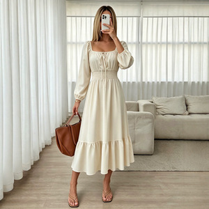 <span class=keywords><strong>Vestido</strong></span> de verano para mujer, nuevo estilo, cuello <span class=keywords><strong>cuadrado</strong></span>, <span class=keywords><strong>manga</strong></span> larga con mangas abullonadas, diseño con lazo en la cintura, efecto adelgazante y volantes. - Product Image 1