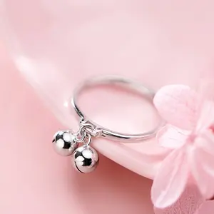 RC1225 Simple S925 Sterling Silver Bell Ring Silver Color Two Bell S925 Sterling Silver Adjustable Ring For Women Girls