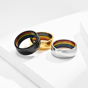 Unisex Rainbow Striped Titanium Steel <b>Ring</b> Gold Finish Daily Wear Fashion Jewelry - Product Image 2