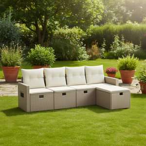 Beige Garden Sofa <b>Set</b> 4 Seater Outdoor <b>Wicker</b> <b>Furniture</b> With Storage Contemporary Design - Product Image 2