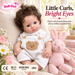 DollDuo 18 inch <b>Silicone</b> <b>Reborn</b> Baby <b>Doll</b> Curly Hair White Bear Overalls Custom Realistic Hand Painted Holiday Gift for Children - Product Image 1