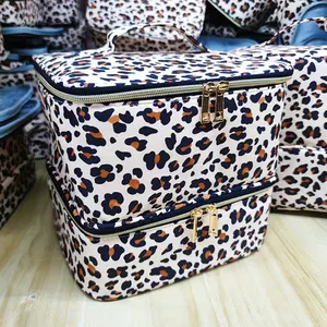 Bolsa de maquiagem portátil para armazenamento de esmalte de unhas em tecido Oxford com estampa de leopardo grande capacidade profissional